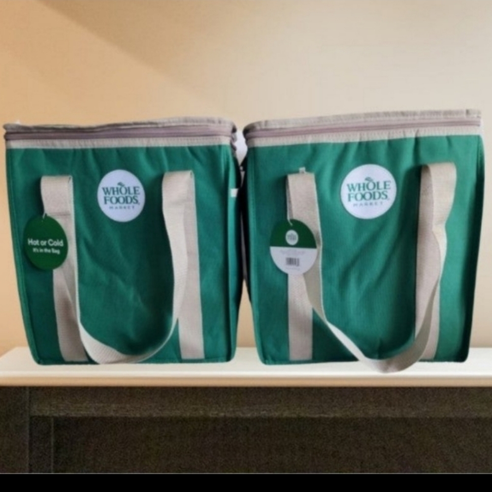 X2 WHOLE FOODS MARKET Insulated Reusable Cooler Green Grocery Shopping B…